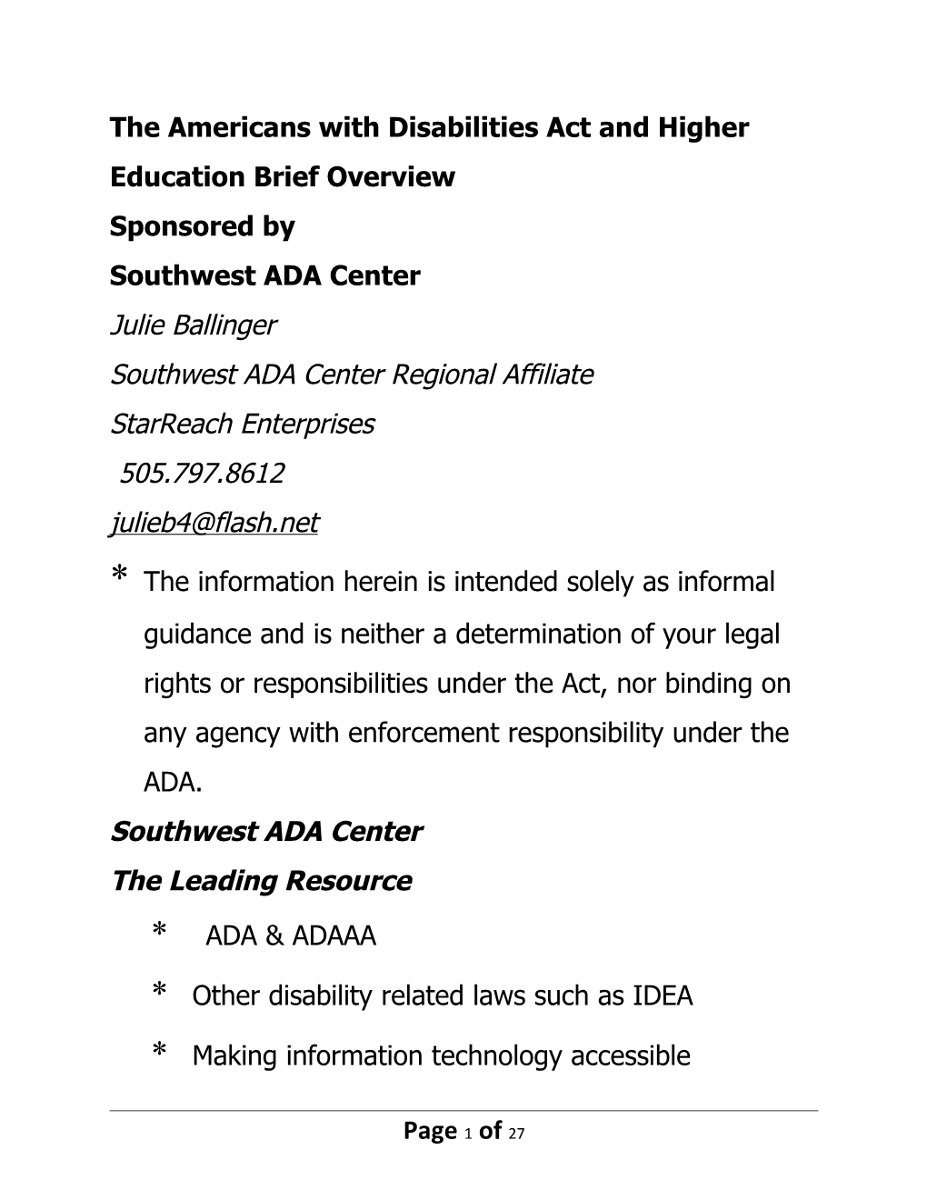 The Americans with Disabilities Act and Higher Education Brief Overview