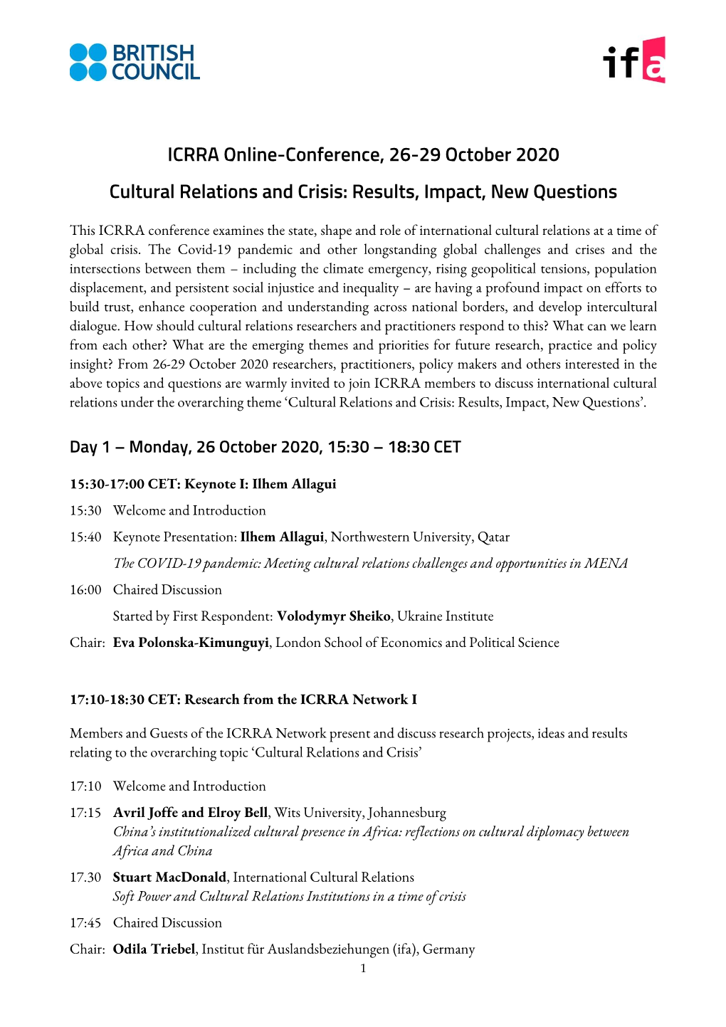 ICRRA Online-Conference, 26-29 October 2020 Cultural Relations and Crisis: Results, Impact, New Questions