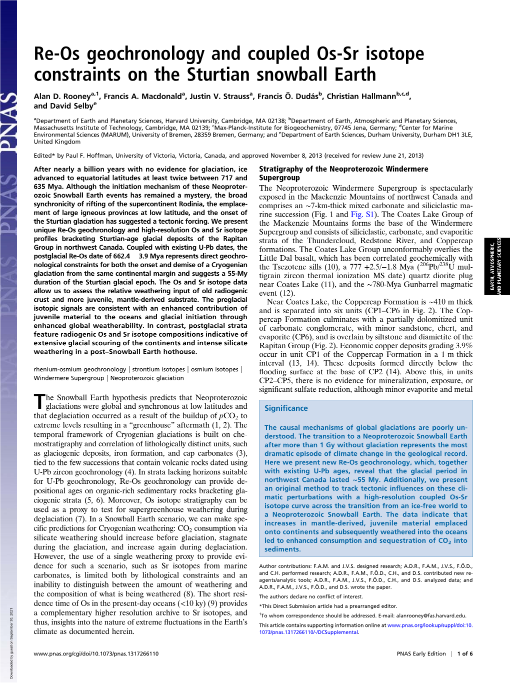 Re-Os Geochronology and Coupled Os-Sr Isotope Constraints on the Sturtian Snowball Earth