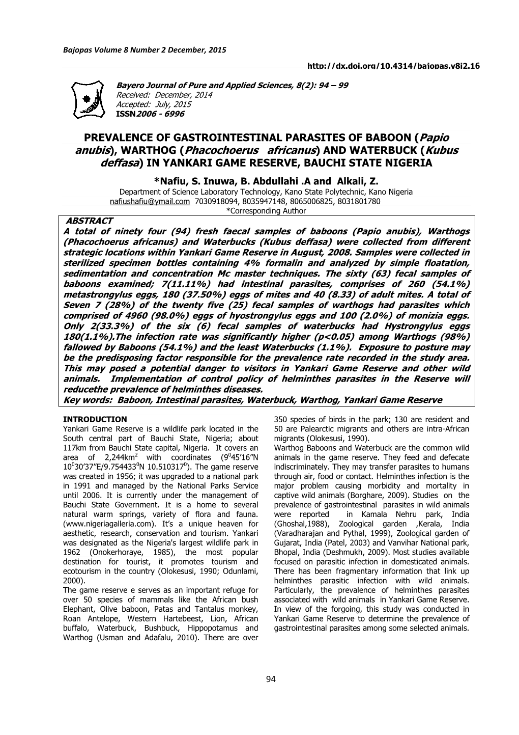 94 – 99 Received: December, 2014 Accepted: July, 2015 ISSN 2006 - 6996