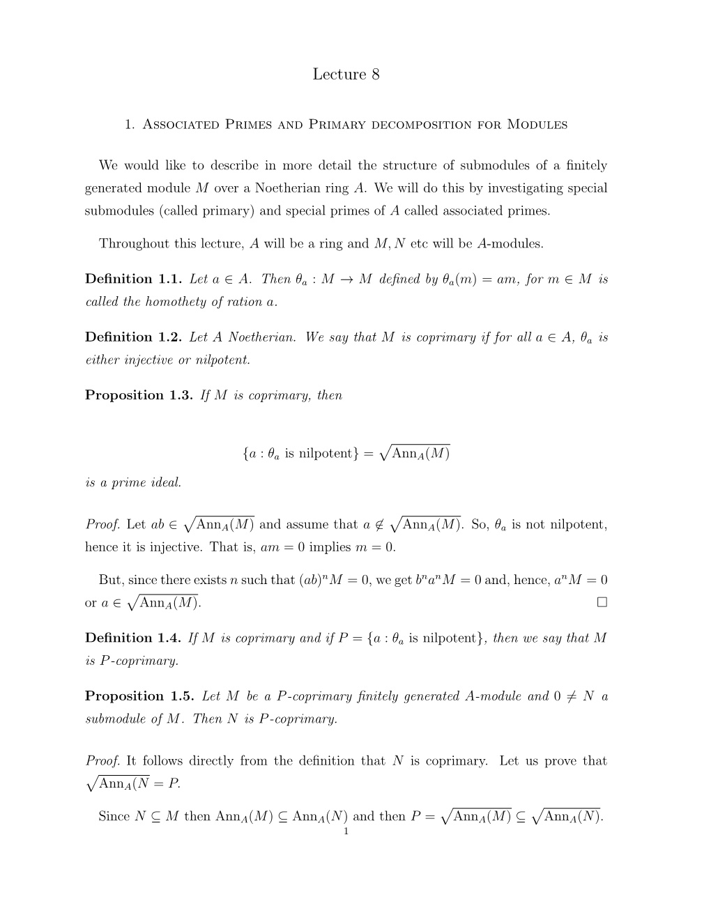 Lecture 8: Associated Primes and the Prime Filtration