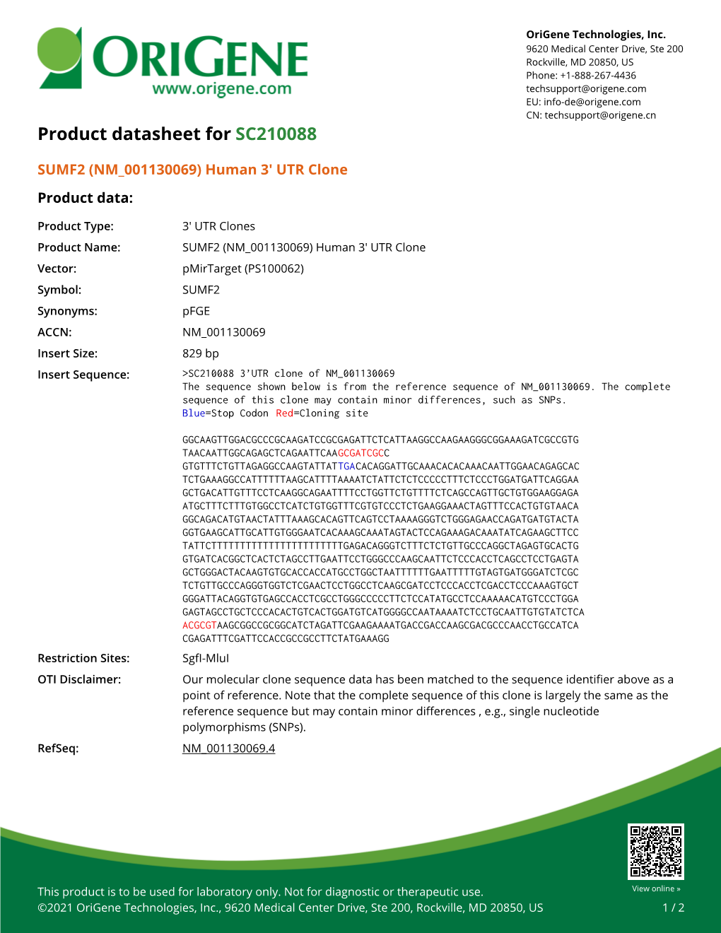 SUMF2 (NM 001130069) Human 3' UTR Clone Product Data