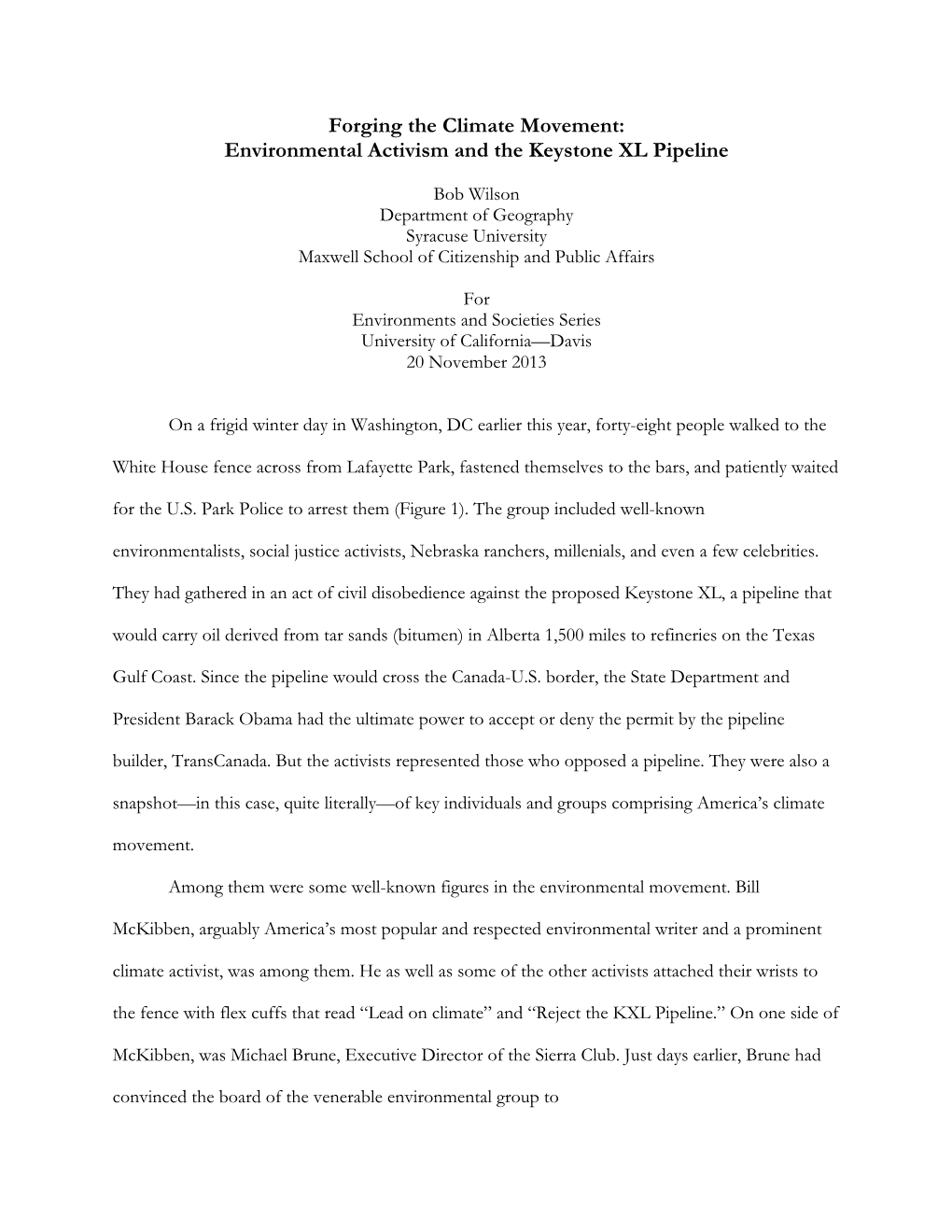 Forging the Climate Movement: Environmental Activism and the Keystone XL Pipeline