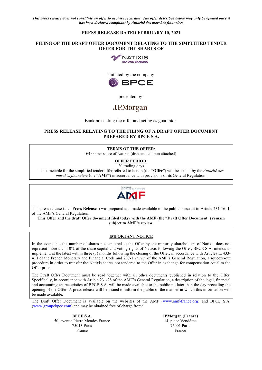 Tender Offer of BPCE on Natixis – Press Release Relating to The