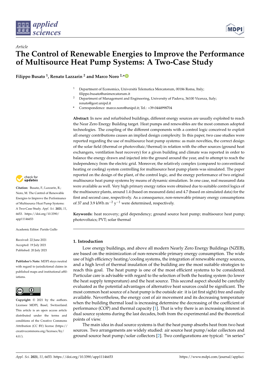 The Control of Renewable Energies to Improve the Performance of Multisource Heat Pump Systems: a Two-Case Study