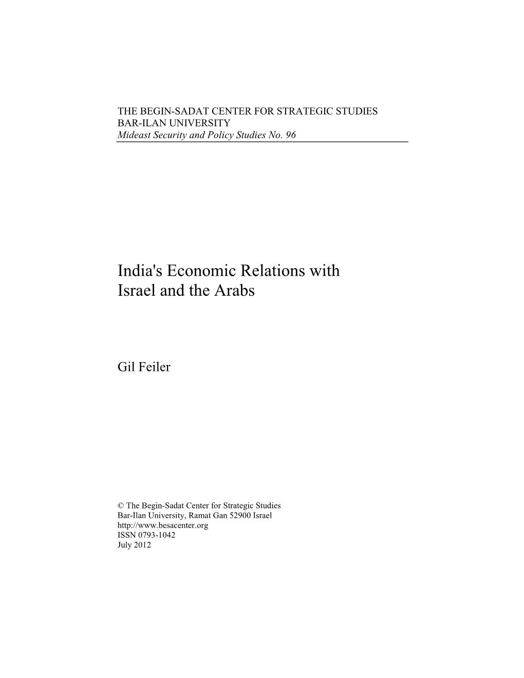 Economic Aspects of India's Relations with Israel and the Arab Countries