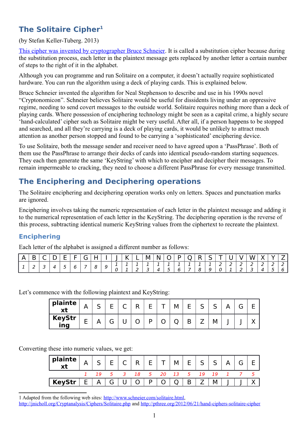 The Solitaire Cipher1 the Enciphering and Deciphering Operations