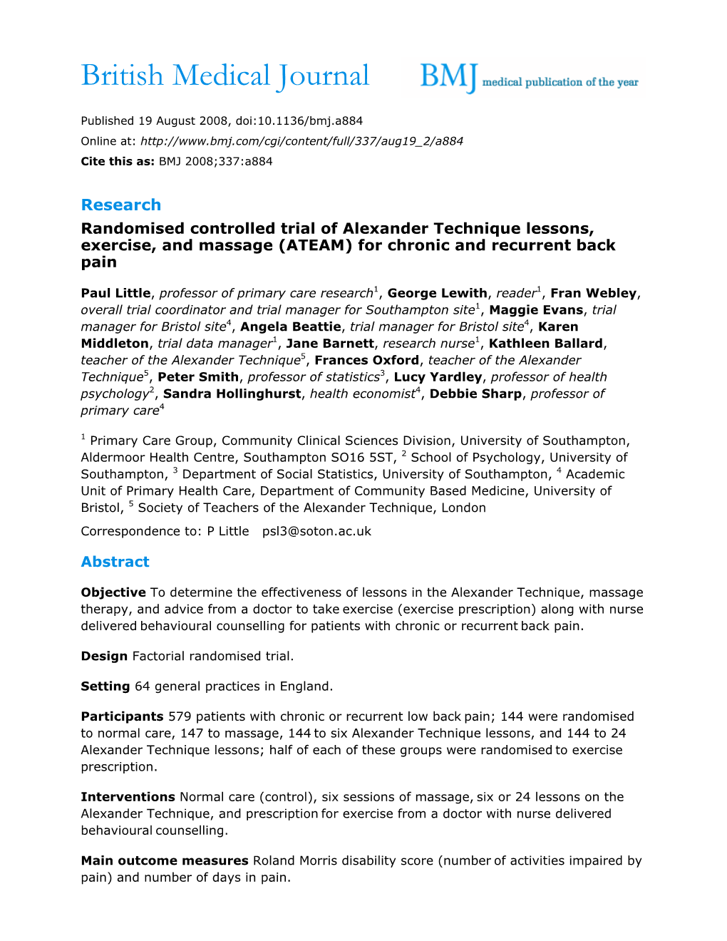 Research Randomised Controlled Trial of Alexander Technique Lessons, Exercise, and Massage (ATEAM) for Chronic and Recurrent Back Pain