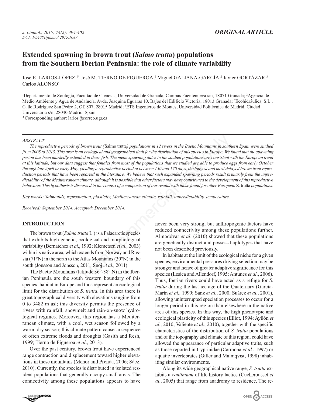 Extended Spawning in Brown Trout (Salmo Trutta) Populations from the Southern Iberian Peninsula: the Role of Climate Variability