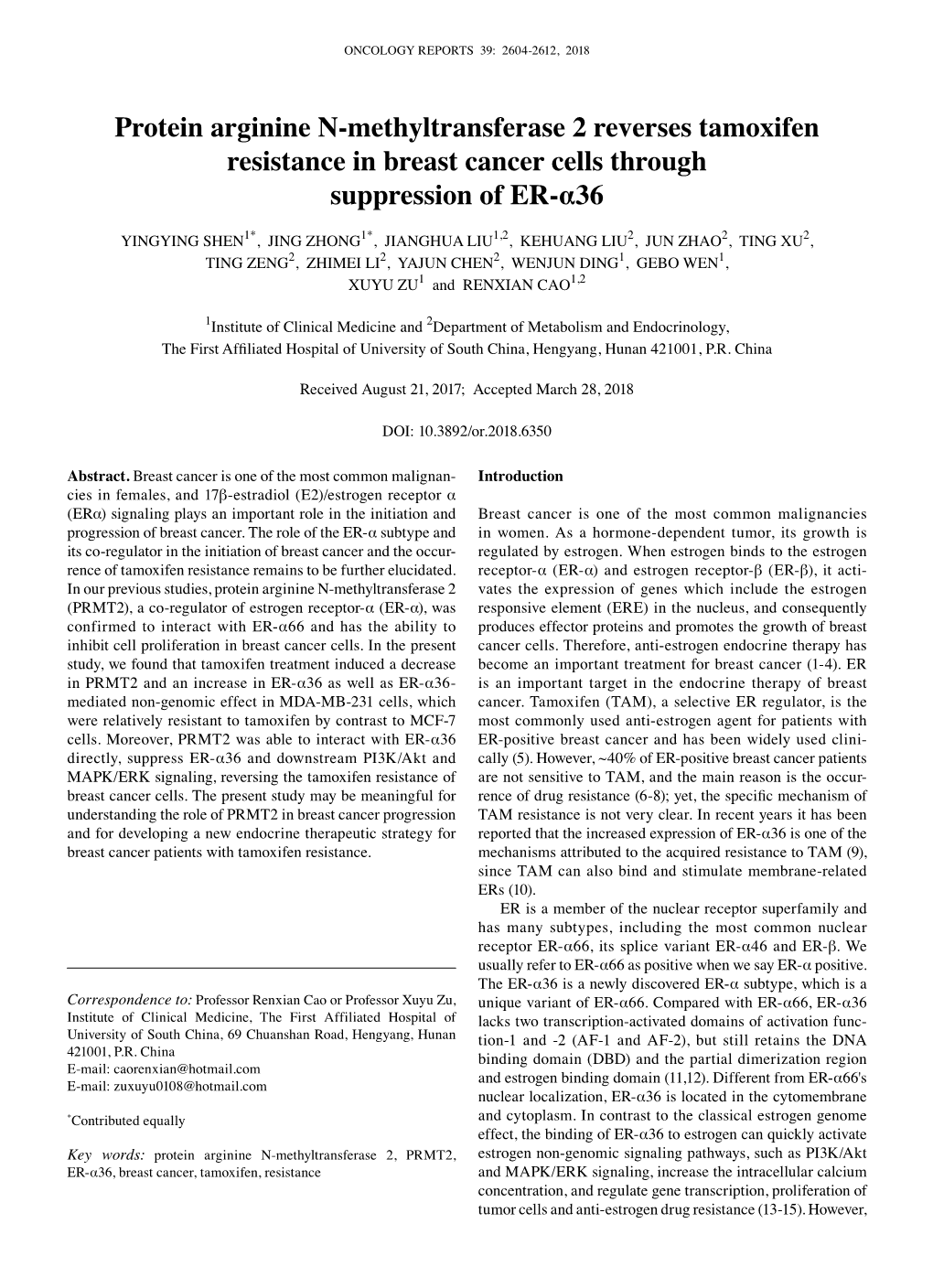Protein Arginine N-Methyltransferase 2 Reverses Tamoxifen Resistance in Breast Cancer Cells Through Suppression of ER-Α36