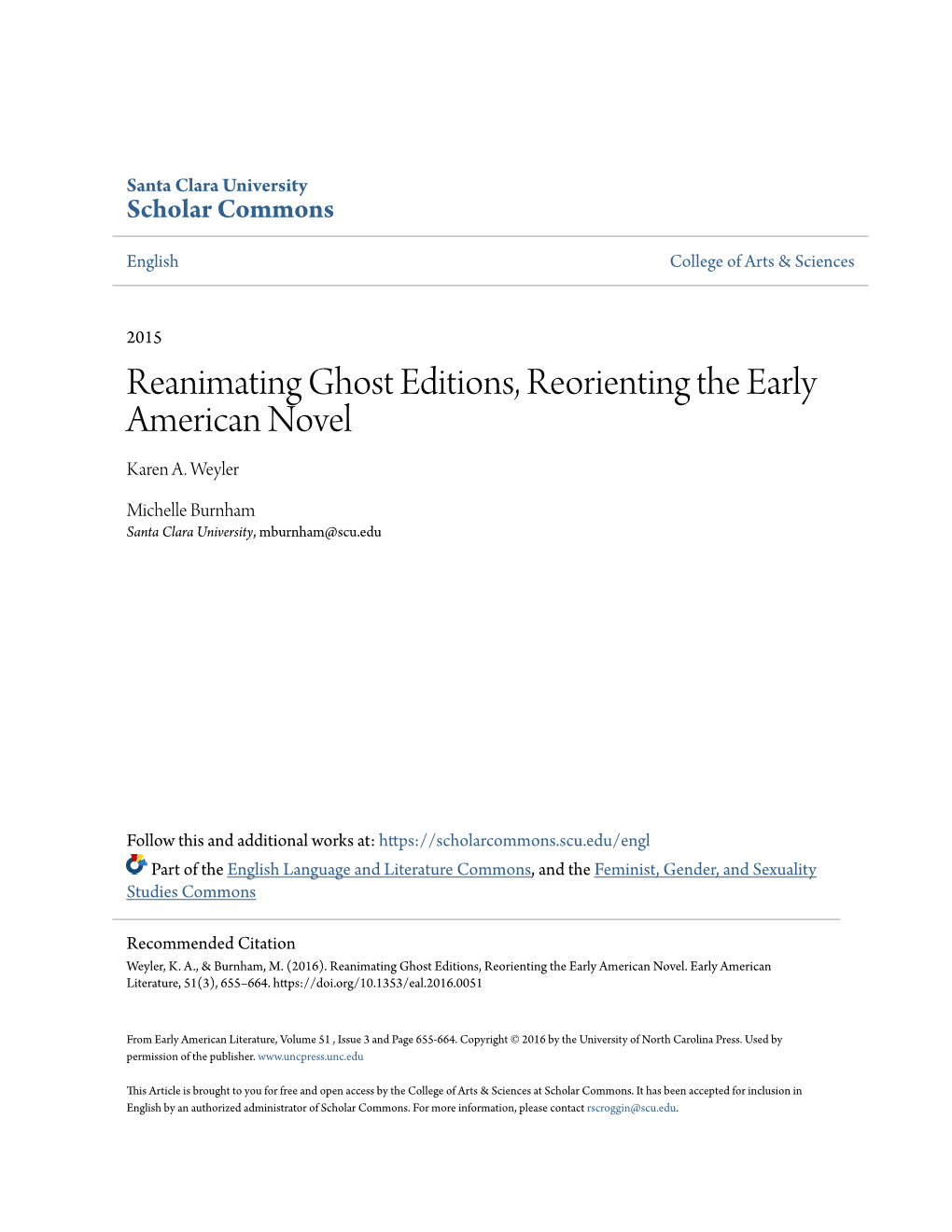 Reanimating Ghost Editions, Reorienting the Early American Novel Karen A