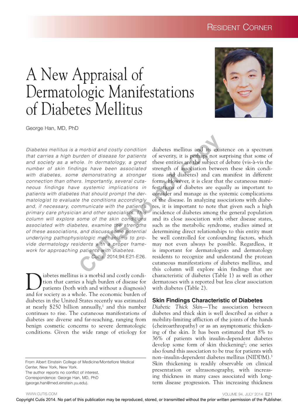 A New Appraisal of Dermatologic Manifestations of Diabetes Mellitus