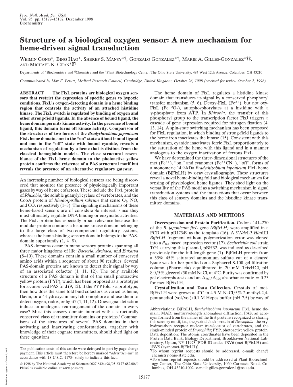 Structure of a Biological Oxygen Sensor: a New Mechanism for Heme-Driven Signal Transduction