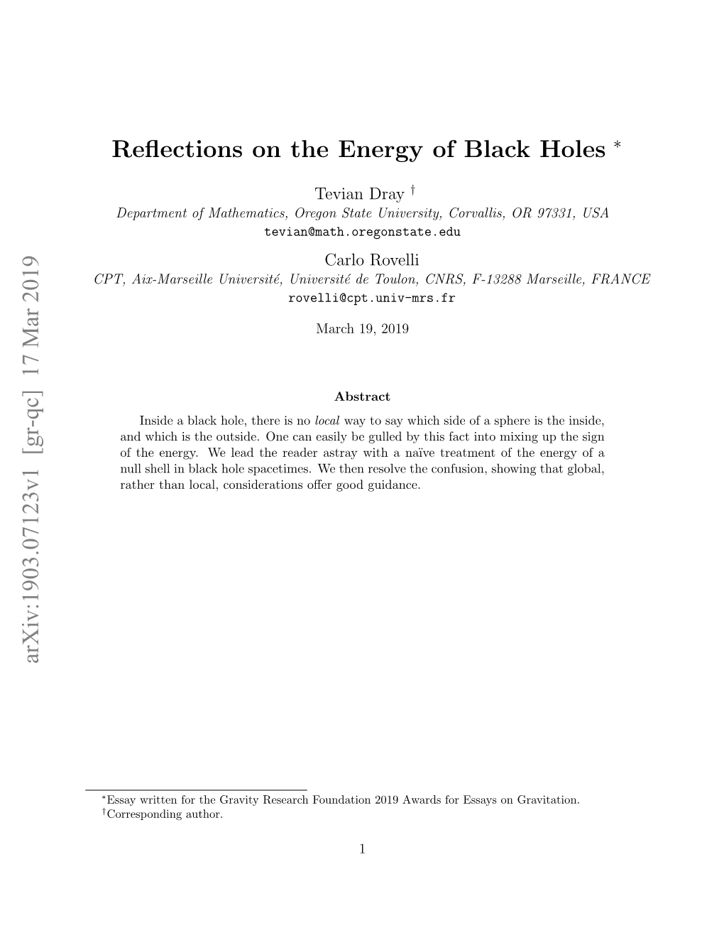 Reflections on the Energy of Black Holes Arxiv:1903.07123V1 [Gr-Qc]