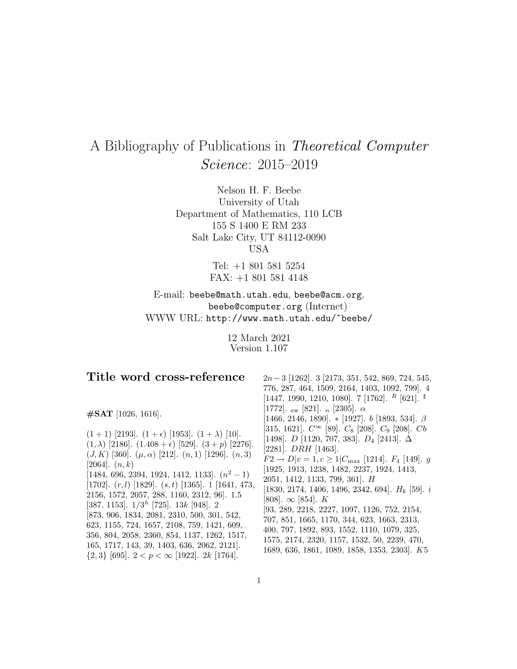 A Bibliography of Publications in Theoretical Computer Science: 2015–2019
