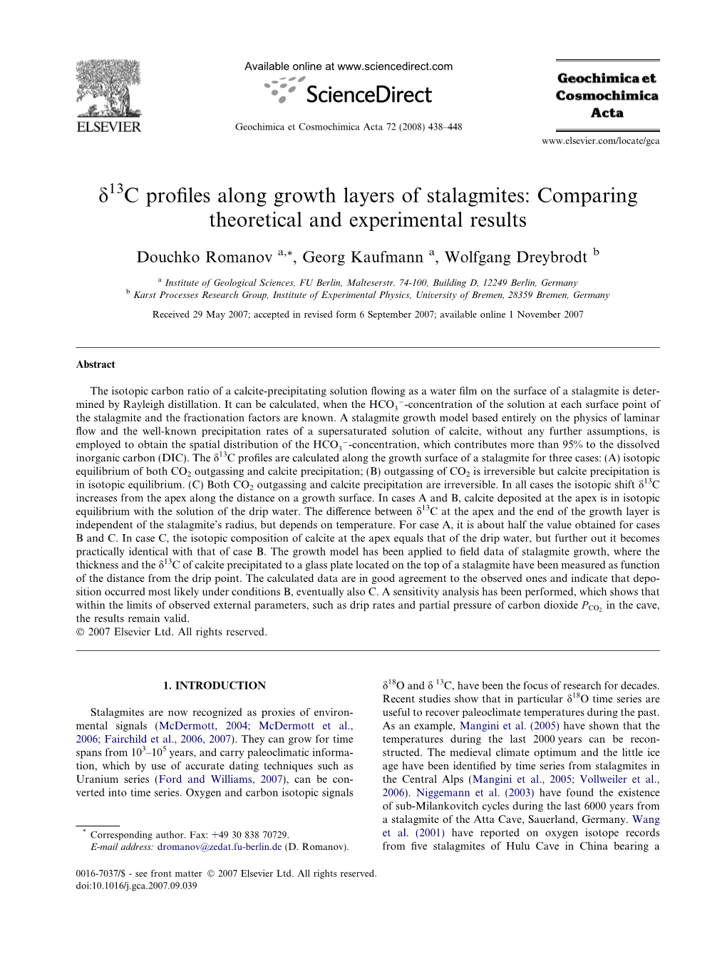 D C Profiles Along Growth Layers of Stalagmites