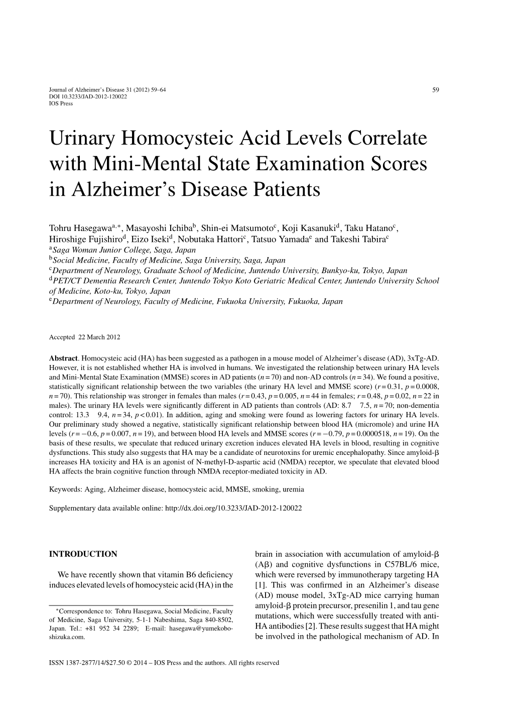 Urinary Homocysteic Acid Levels Correlate with Mini-Mental State Examination Scores in Alzheimer’S Disease Patients