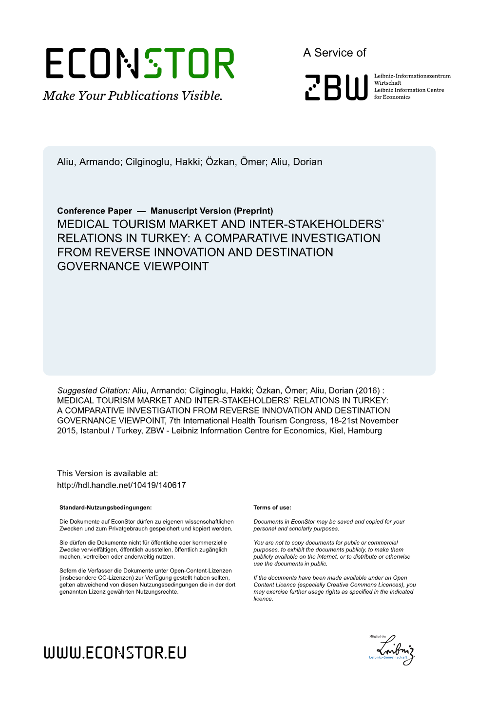 Medical Tourism Market and Inter-Stakeholders’ Relations in Turkey: a Comparative Investigation from Reverse Innovation and Destination Governance Viewpoint