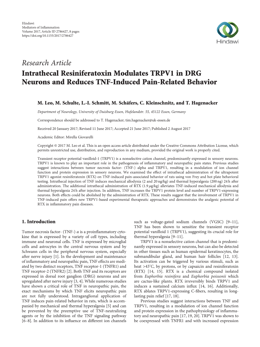 Intrathecal Resiniferatoxin Modulates TRPV1 in DRG Neurons and Reduces TNF-Induced Pain-Related Behavior