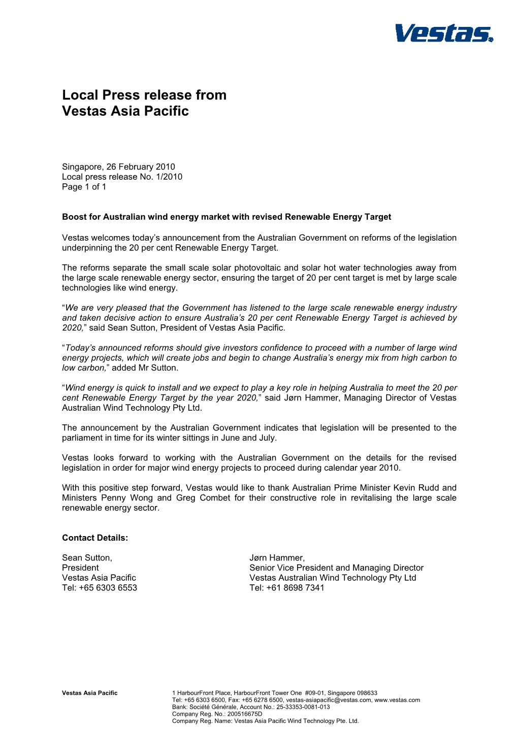 Local Press Release from Vestas Asia Pacific