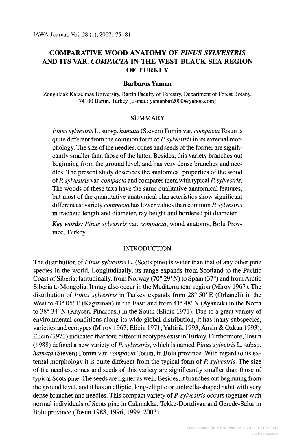 Comparative Wood Anatomy of Pinus Sylvestris and Its Var