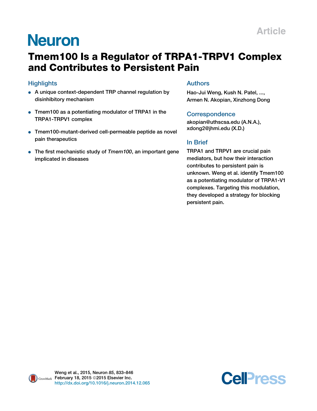 Tmem100 Is a Regulator of TRPA1-TRPV1 Complex and Contributes to Persistent Pain