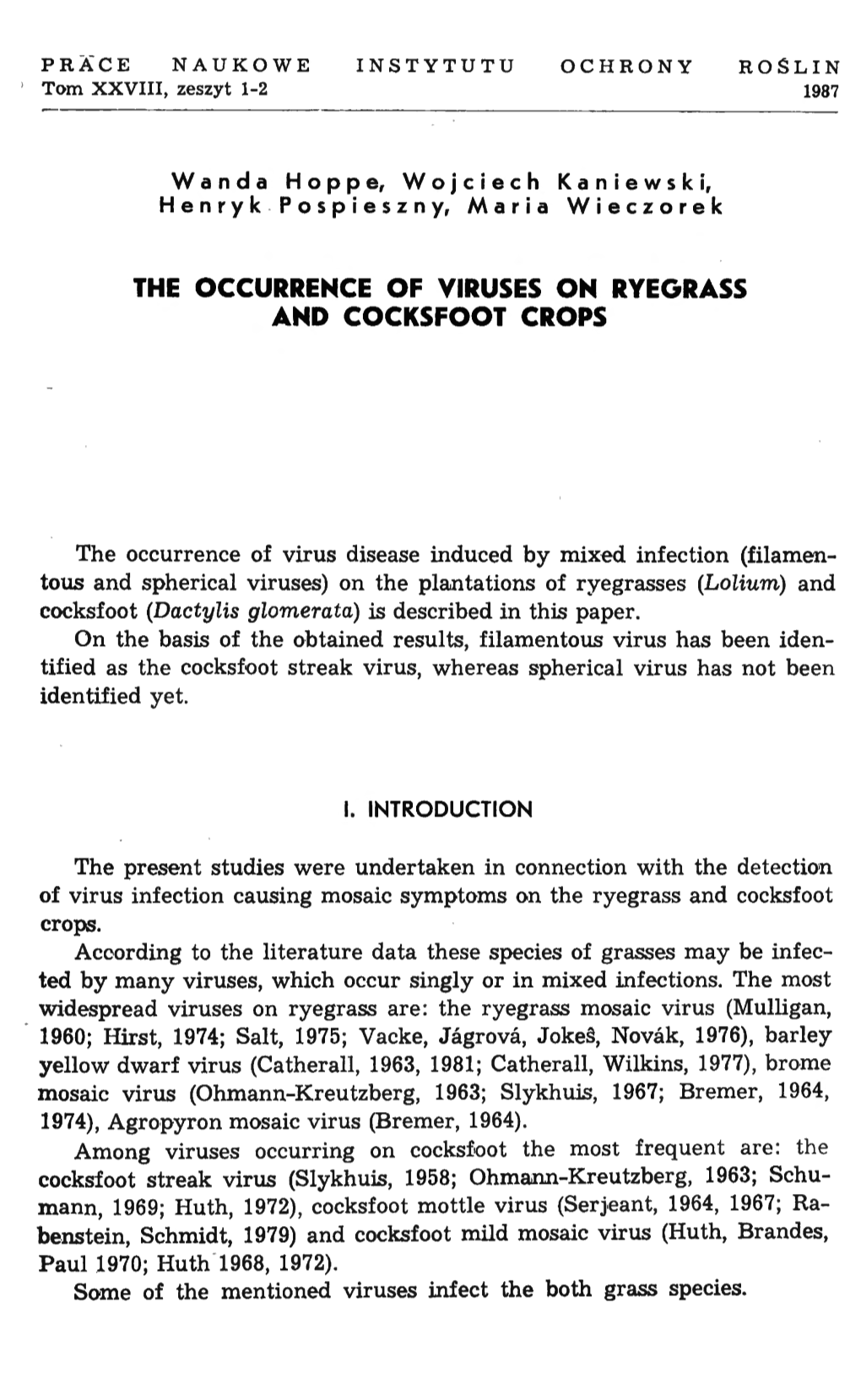 The Occurrence of Viruses on Ryegrass Amd Cocksfoot Crops