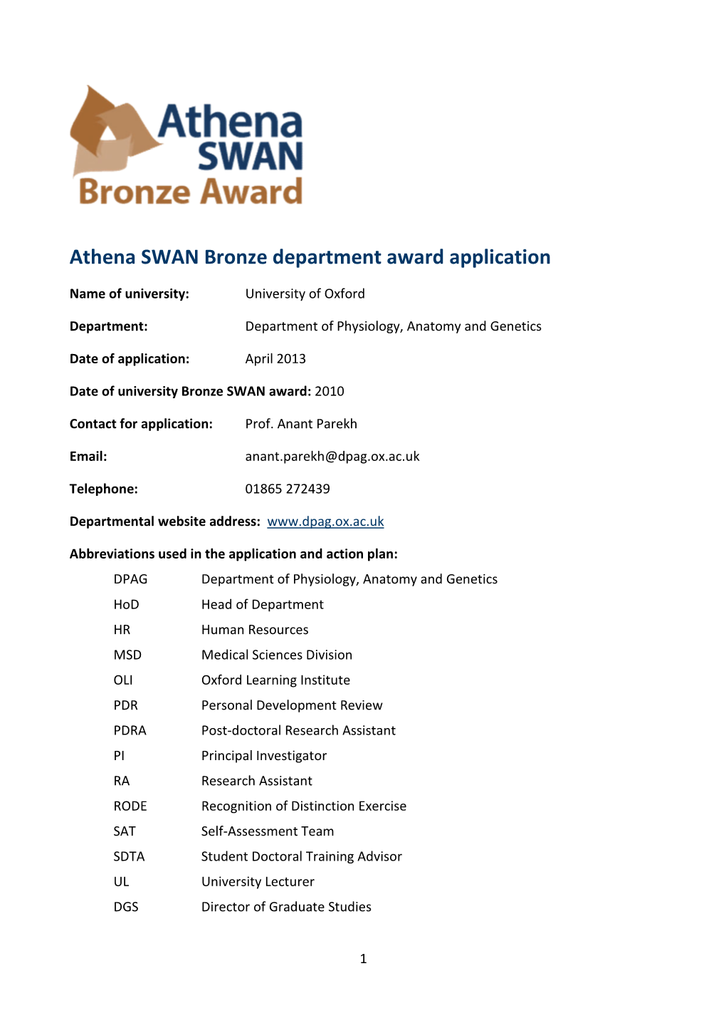 Athena SWAN Bronze Department Award Application