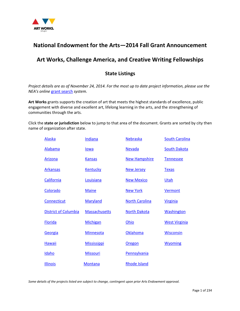 National Endowment for the Arts—2014 Fall Grant Announcement