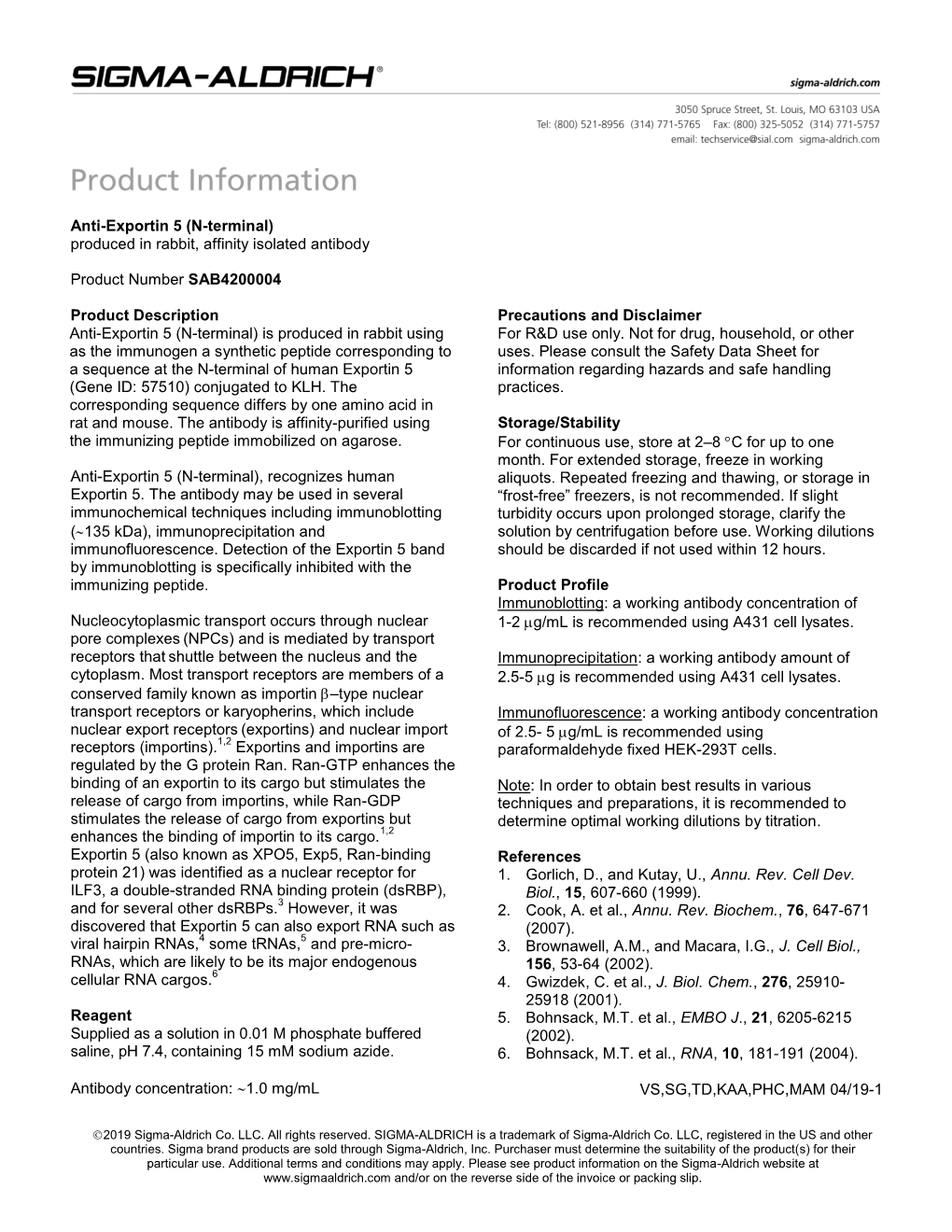 Data Sheet for a Sequence at the N-Terminal of Human Exportin 5 Information Regarding Hazards and Safe Handling (Gene ID: 57510) Conjugated to KLH