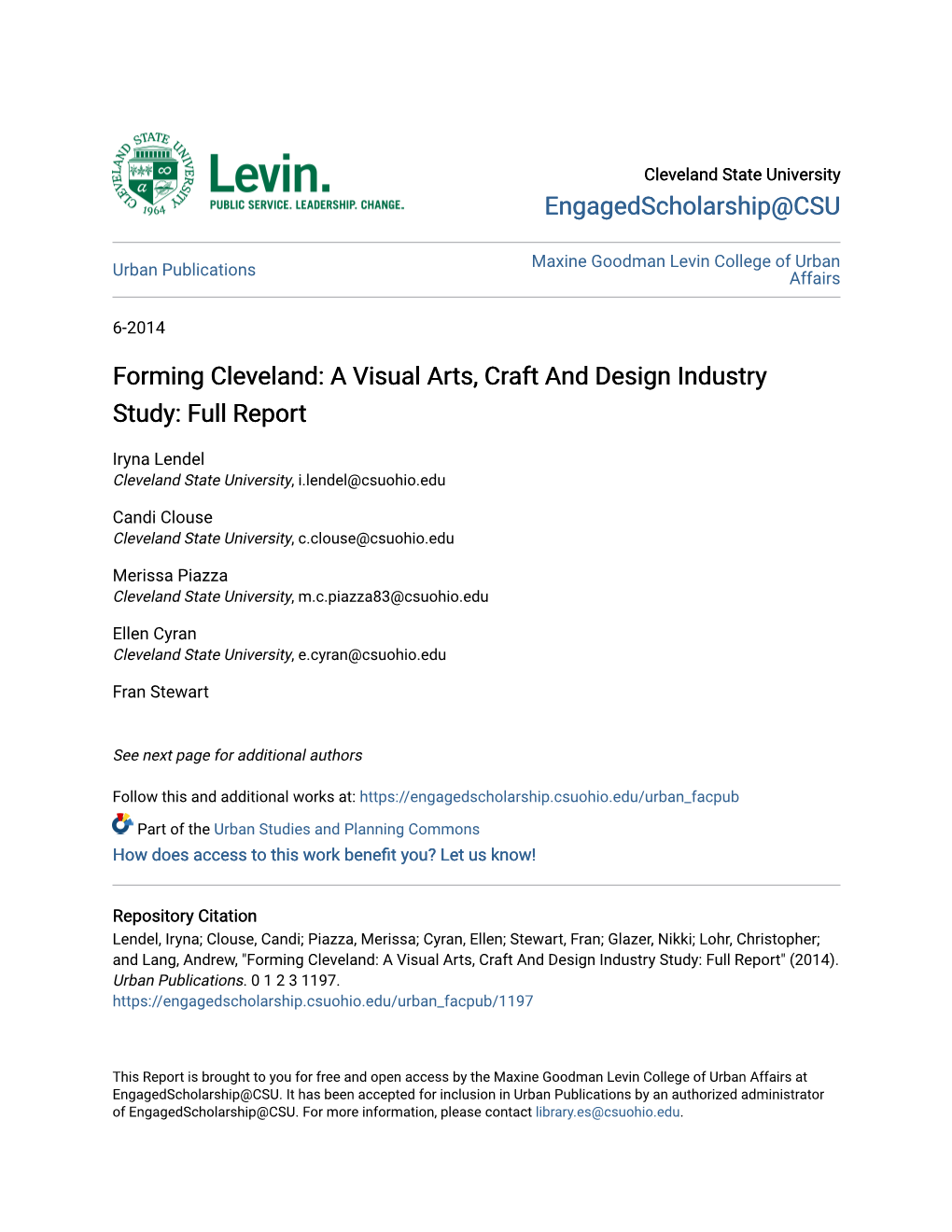 Forming Cleveland: a Visual Arts, Craft and Design Industry Study: Full Report