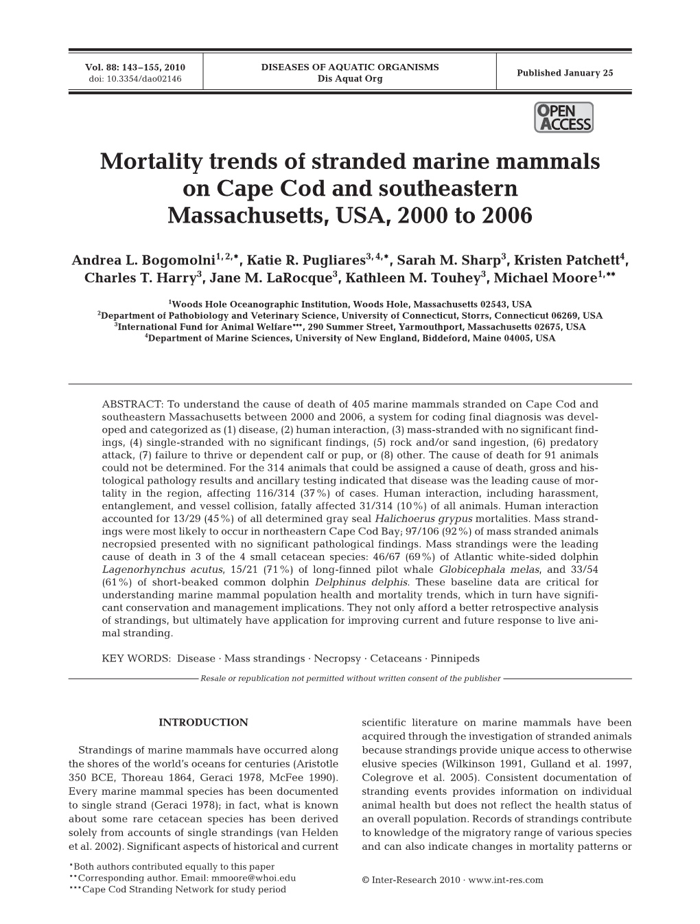 Mortality Trends of Stranded Marine Mammals on Cape Cod and Southeastern Massachusetts, USA, 2000 to 2006