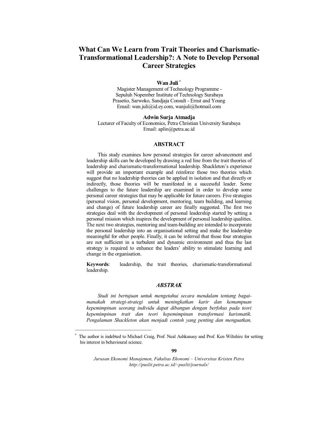 What Can We Learn from Trait Theories and Charismatic- Transformational Leadership?: a Note to Develop Personal Career Strategies