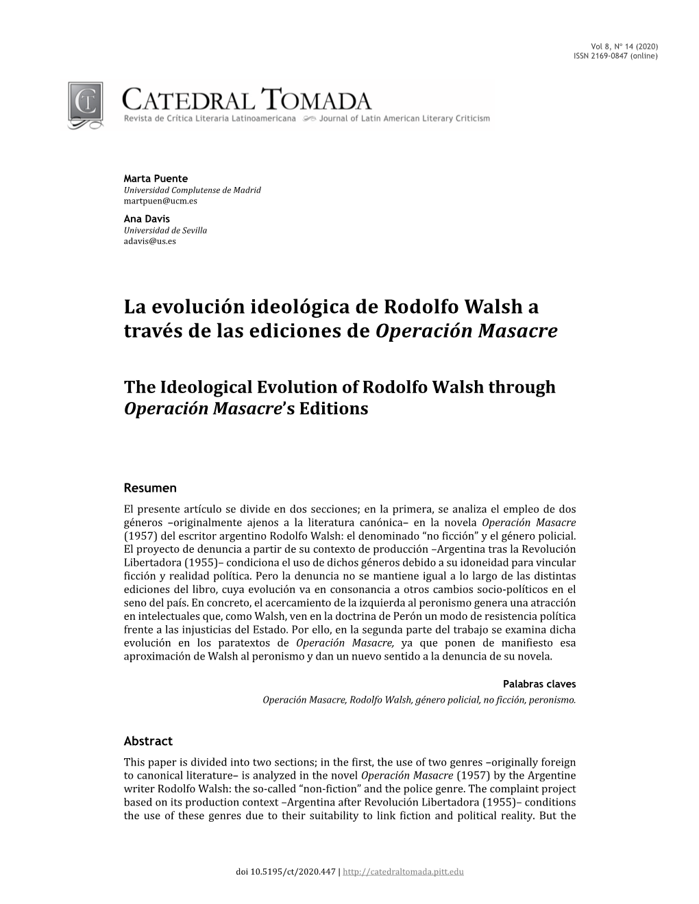 La Evolución Ideológica De Rodolfo Walsh a Través De Las Ediciones De Operación Masacre