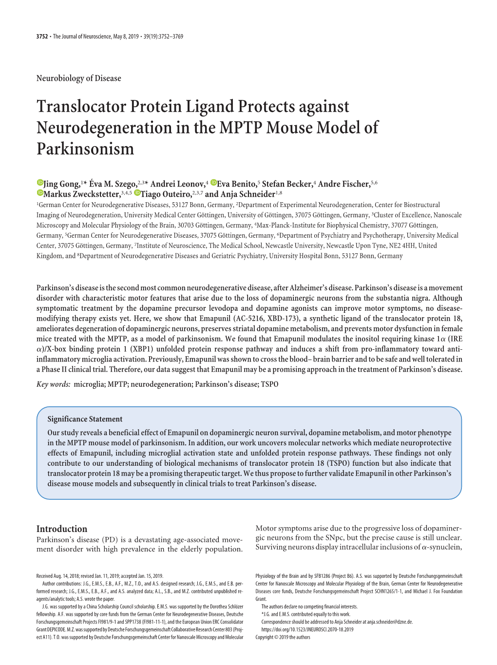 Translocator Protein Ligand Protects Against Neurodegeneration in the MPTP Mouse Model of Parkinsonism