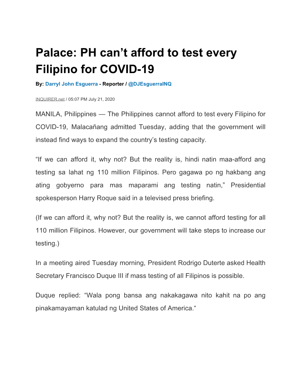 Palace: PH Can't Afford to Test Every Filipino for COVID-19