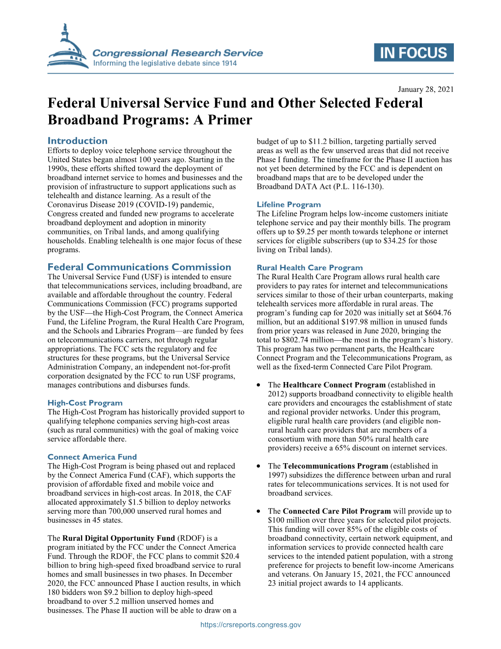 Universal Service Fund and Other Selected Federal Broadband Programs: a Primer