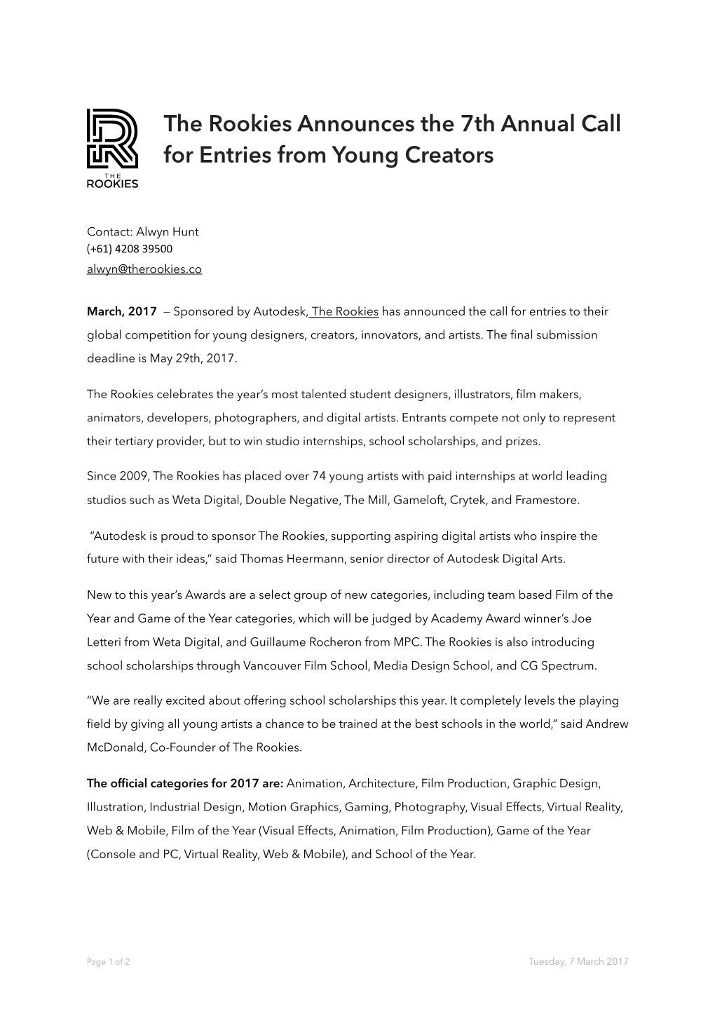 The Rookies Announces the 7Th Annual Call for Entries from Young Creators