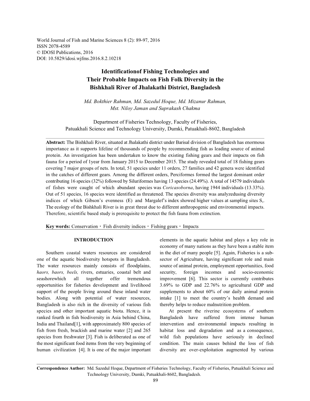 Identificationof Fishing Technologies and Their Probable Impacts on Fish Folk Diversity in the Bishkhali River of Jhalakathi District, Bangladesh