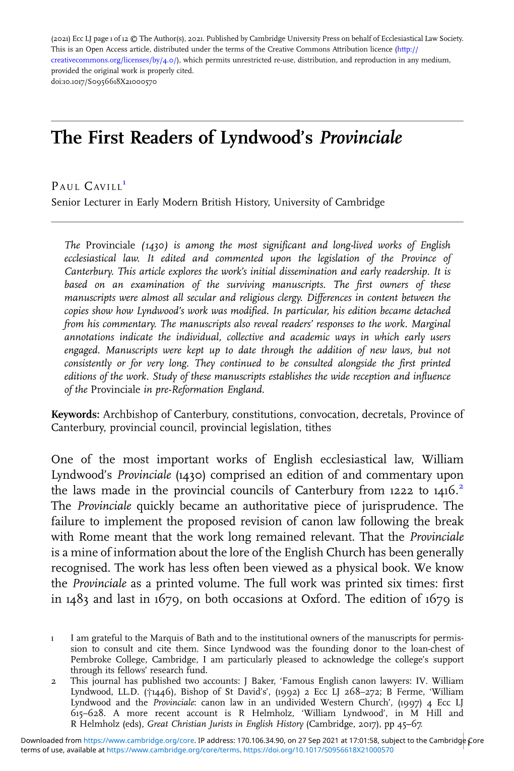 The First Readers of Lyndwood's Provinciale