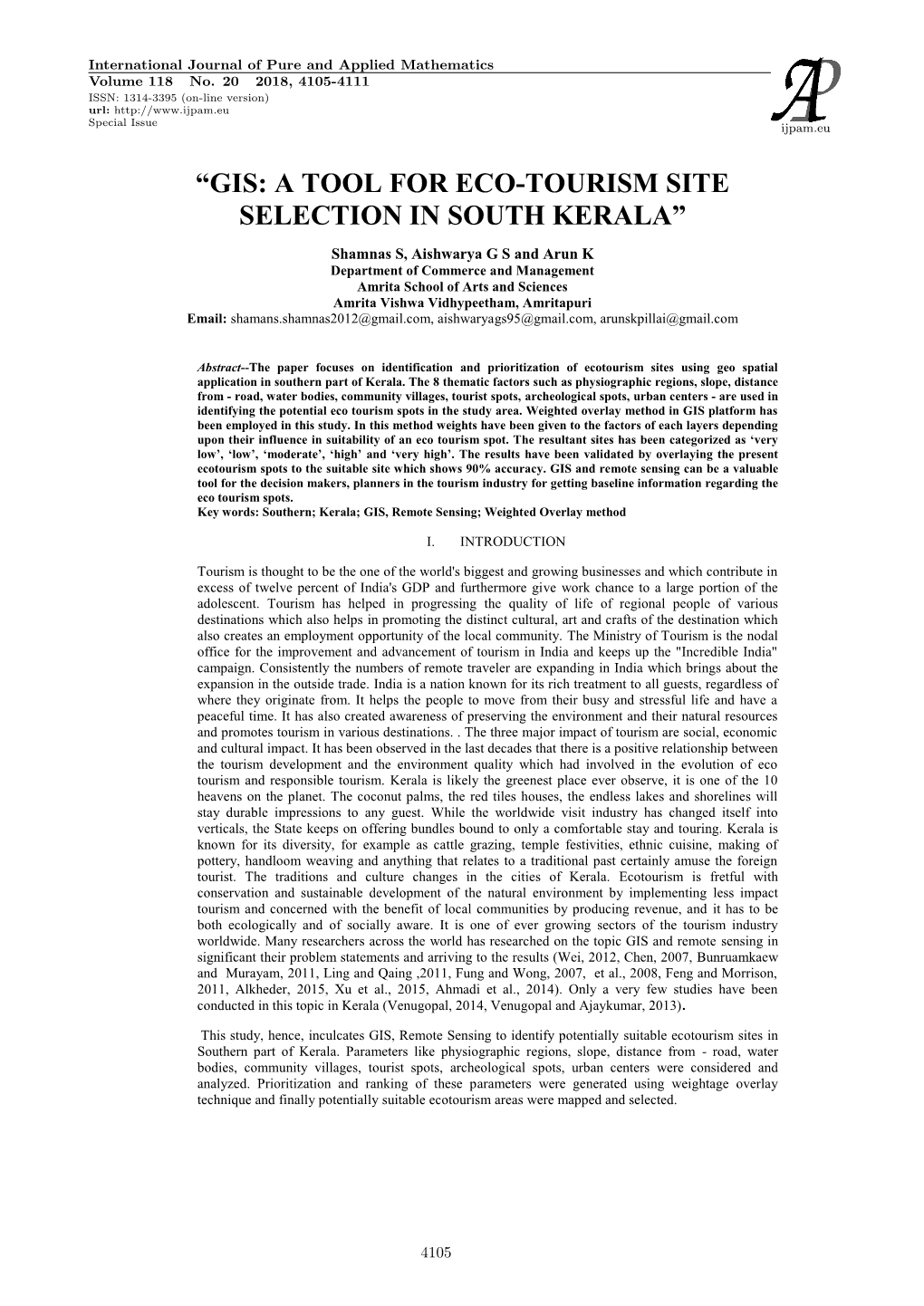 “Gis: a Tool for Eco-Tourism Site Selection in South Kerala”