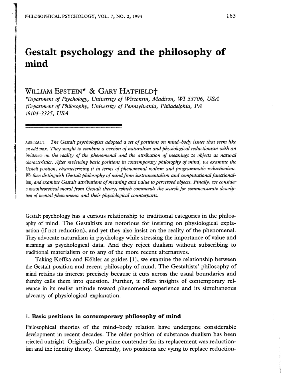 Gestalt Psychology and the Philosophy of Mind