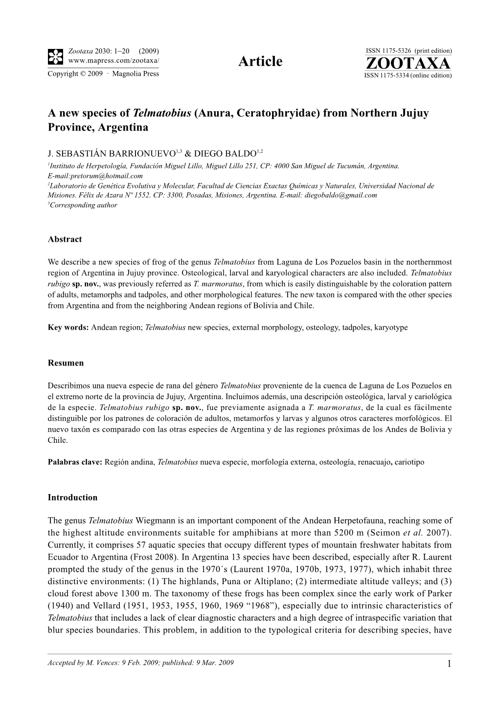 Zootaxa, a New Species of Telmatobius (Anura, Ceratophryidae)