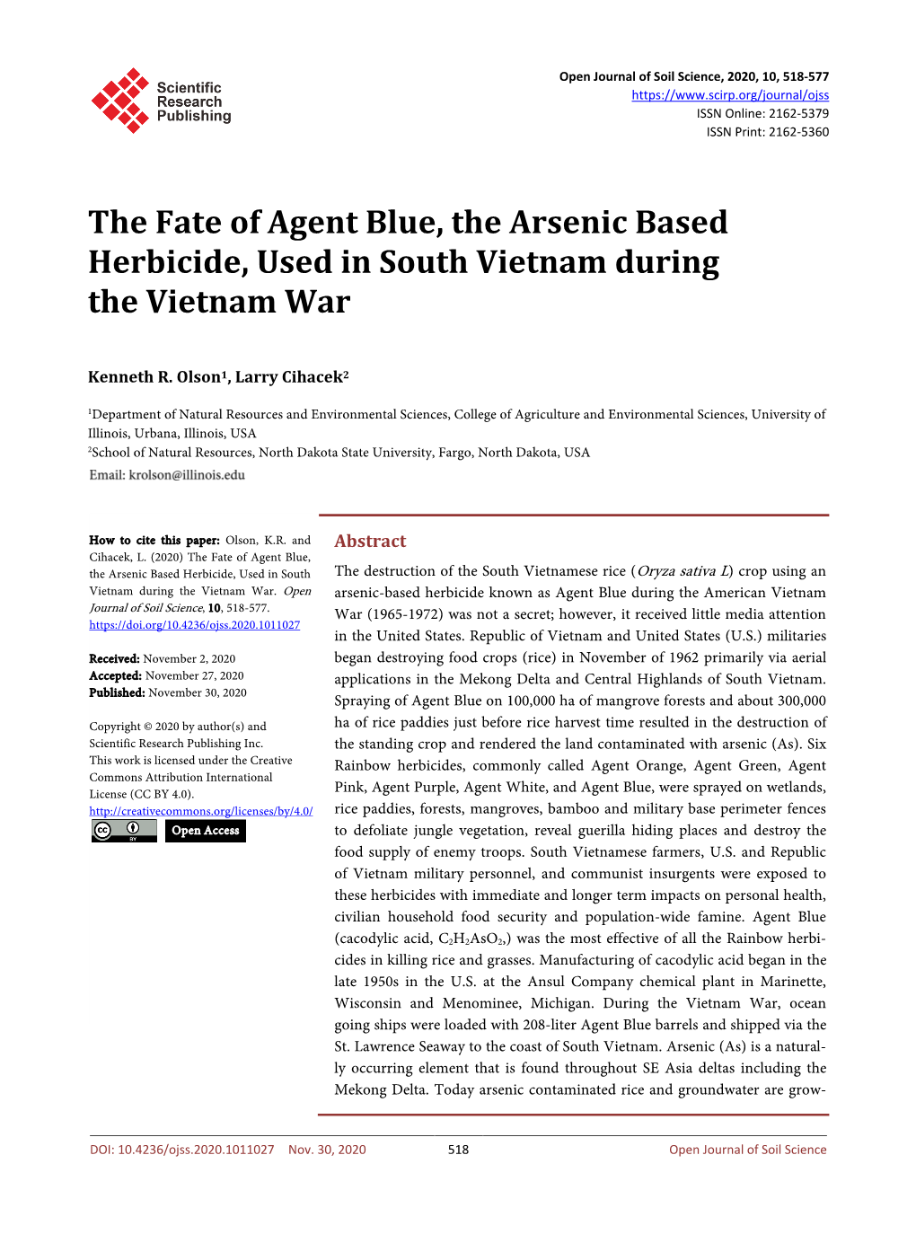 The Fate of Agent Blue, the Arsenic Based Herbicide, Used in South Vietnam During the Vietnam War