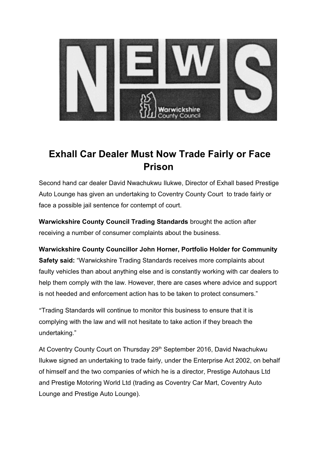 Exhall Car Dealer Must Now Trade Fairly Or Face Prison s1