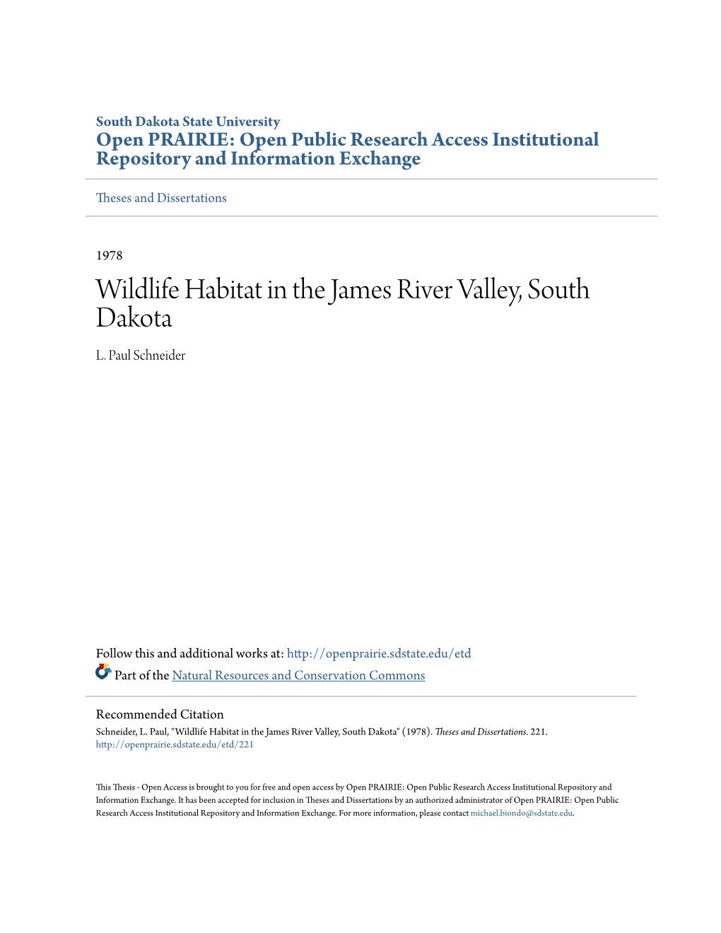 Wildlife Habitat in the James River Valley, South Dakota L