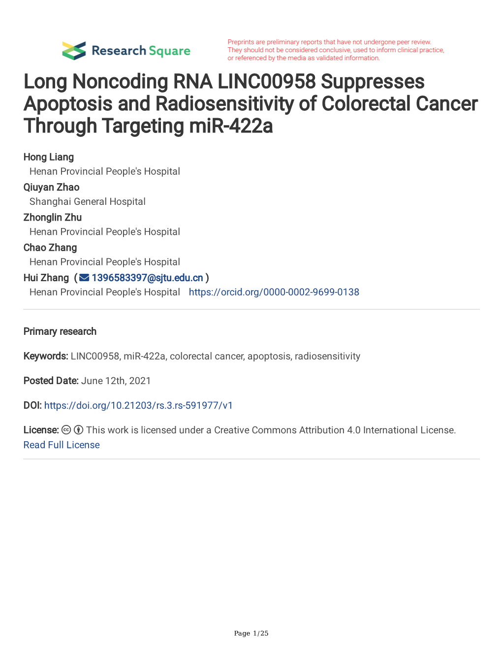 Long Noncoding RNA LINC00958 Suppresses Apoptosis and Radiosensitivity of Colorectal Cancer Through Targeting Mir-422A