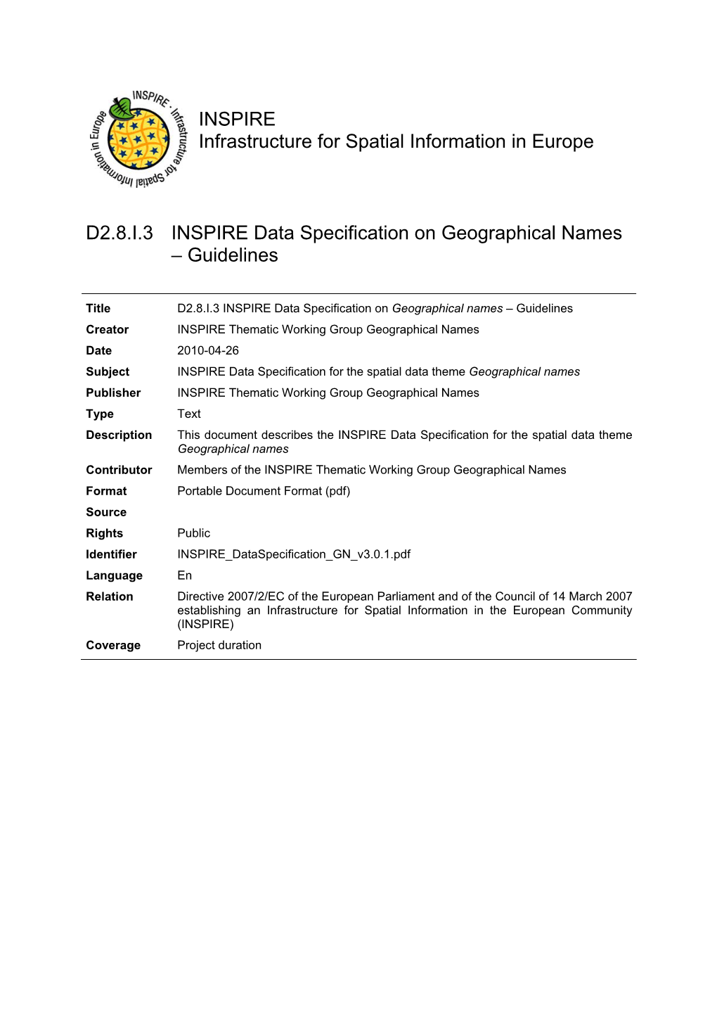 INSPIRE Data Specification on Geographical Names – Guidelines