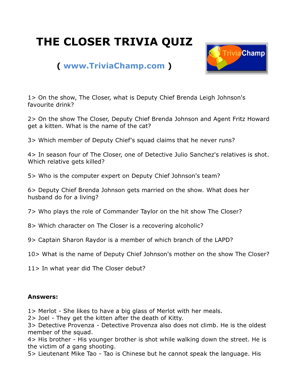 The Closer Trivia Quiz