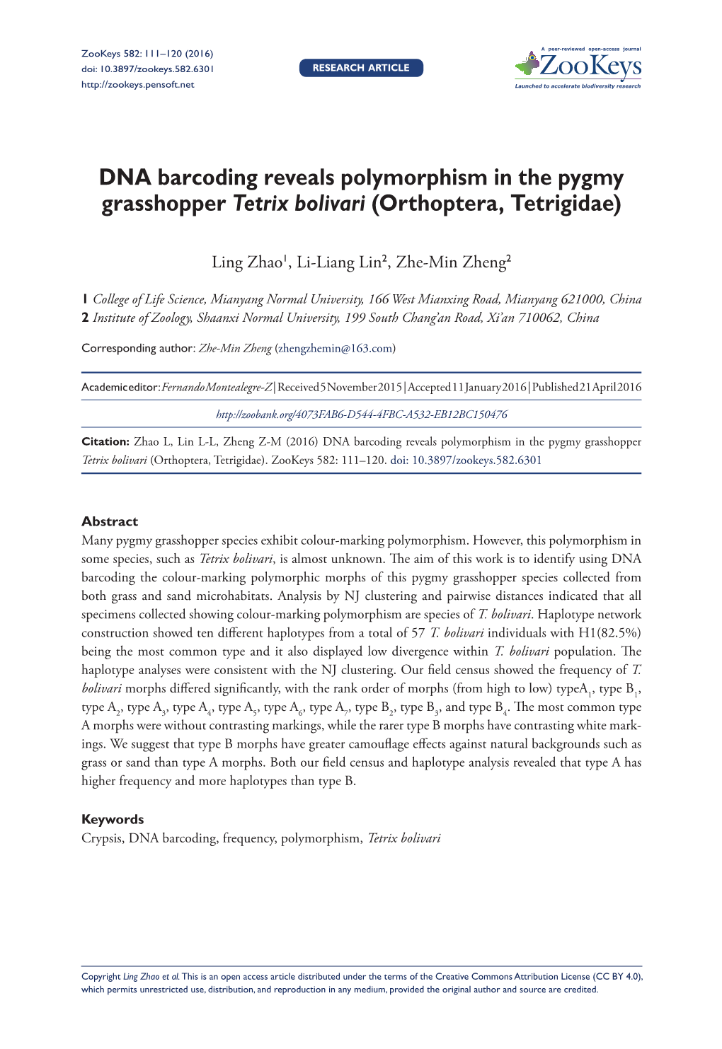 ﻿DNA Barcoding Reveals Polymorphism in the Pygmy Grasshopper Tetrix